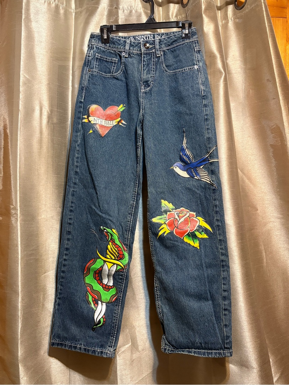 Ninth Hall Idle Straight Leg Jeans in Dark Blue with Tattoo Motifs